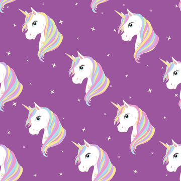 Fototapeta Unicorn seamless pattern. Unicorns with rainbow mane and horn on flat purple background with stars. Vector illustration. Cute magic fantasy wallpaper with white unicorn head.