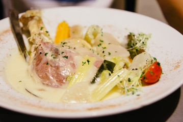 Typical belgian food with chicken and vegetables