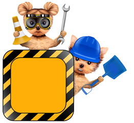 Funny couple of puppies with tools holding construction warning sign