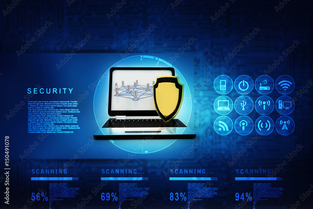 Poster 3d rendering laptop with shield