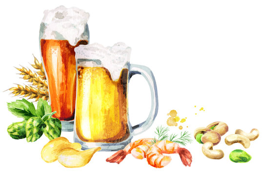 Beer and snacks card, watercolor