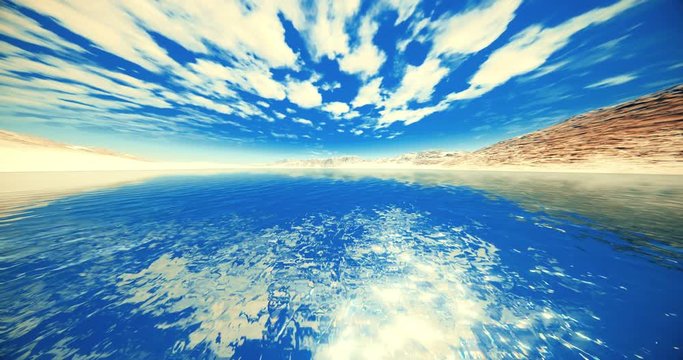 4k clouds mass rolling over shine lake surface & snow mountain.