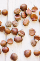 Fresh raw chestnuts on white wooden surface.