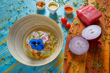 Fish ceviche preuvian recipe and pansy flower