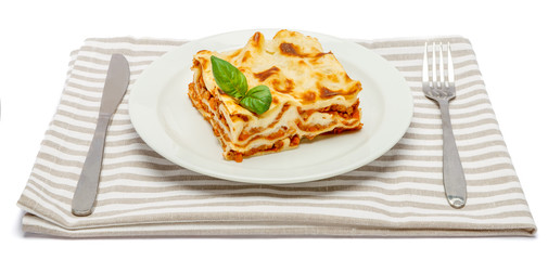 Portion of tasty lasagna isolated on white - obrazy, fototapety, plakaty