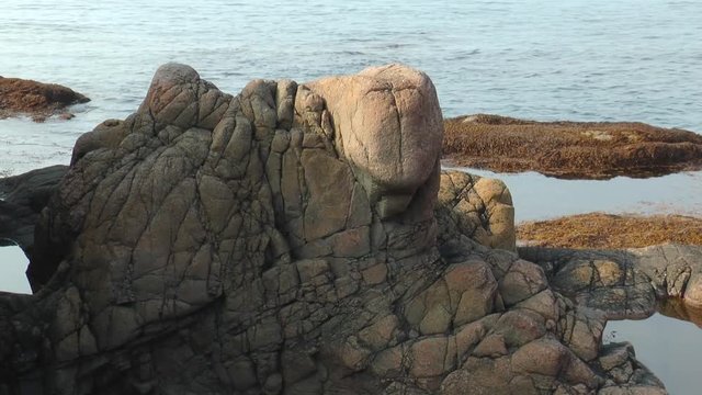 An unusual stone sculpture created by nature. Rocky coast of the sea 

on a summer cloudy day.
