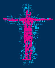 Victim of computer age. 
Crucified man, grunge stylized silhouette with binary codes and digital numbers. Vector available.