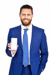 man with phone, businessman in formal outfit with happy face