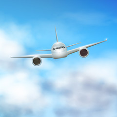 Fototapeta na wymiar Plane flies high in the clouds, a bottom view. A realistic aircraft and clouds. Vector.