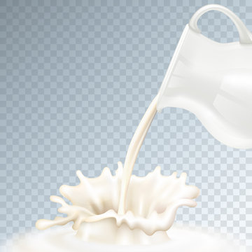 Jug of milk, realistic milk splashes on a transparent background. Vector.