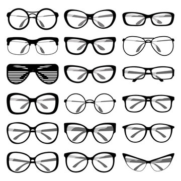 Set of different shapes of spectacle frames. Men and women sunglasses, eyeglasses frames for vision care. Vector