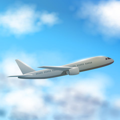 Fototapeta na wymiar Plane flies high in the clouds, side view. A realistic aircraft and clouds. Vector.