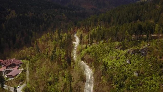 Aerial of flying upwards on a waterfall at the Achensee in the Austrian Alps