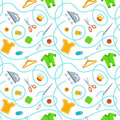 Stoffe zum Nähen Nahtlose Vektormuster mit Nähen Werkzeuge flach Symbole verstreut auf weißem Hintergrund. Schneiderin liefert für Schneiderei und Handarbeiten. Handgemachte Kinderkleider Verpackung Papier-Design.