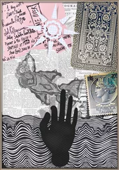 Papier Peint photo Imagination Collage avec des motifs mystérieux et ésotériques, main et poisson