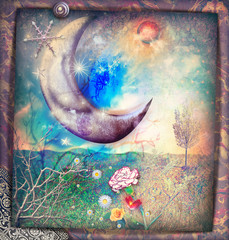 Fairytales landscape with silver moon,snow flakes and stars