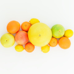 Citrus fruits isolated on white background. Flat lay, top view. Fruit background.