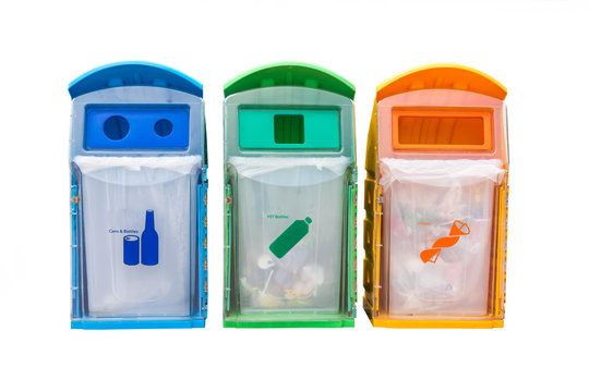 bin isolated,Bins in park for Glass bottle/ Can Plastic bottle Paper bag/ Other waste Food waste