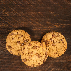 Chocolate chips cookies on dark texture with copyspace