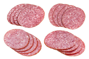 Salami sausage slices isolated on white background, with clipping path, cutout