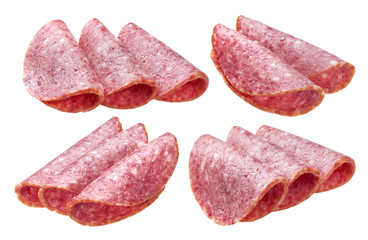 Salami slices isolated on white background, with clipping path