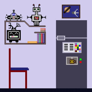 Interior of the room in the style of pixel art. Robots on the shelf, modern refrigerator and picture demonstrate the evolution and achievements of artificial intelligence