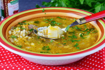 Home cooked rice soup with pork meat and potato. Healthy food. Lunch concept