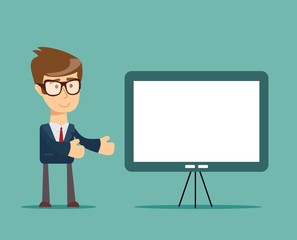 Businessman presenting marketing data on a presentation screen board . Business seminar. Flat style vector illustration isolated on background.
