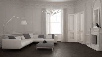 Modern minimalist sofa in classic vintage living room with fireplace, luxury white and gray interior design