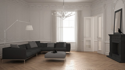 Modern minimalist sofa in classic vintage living room with fireplace, luxury white interior design
