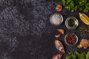 Background with spices, herbs and olive oil.