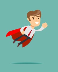 Super Businessman in Red Cape Flying to Success. Business Superhero. Vector illustration