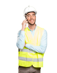 Confident engineer against white background