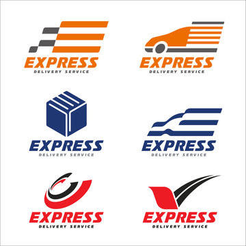 Express delivery service logo with transport car , box , arrow circle and bird sign vector set design