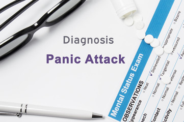Diagnosis of Panic Attack. Results of mental status exam, container with pills with inscription psychiatric diagnosis Panic Attack on white background or white workplace psychiatrist or psychologist