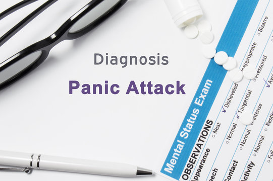 Diagnosis of Panic Attack. Results of mental status exam, container with pills with inscription psychiatric diagnosis Panic Attack on white background or white workplace psychiatrist or psychologist