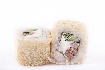 japanese Cuisine, Sushi Set: roll with veal, cream cheese, cucumber, green onion and sesame on a white background.