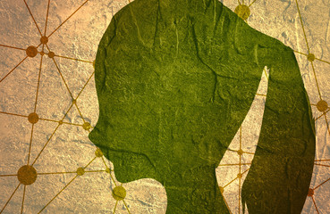 Silhouette of a woman's head. Mental health relative brochure or report design template. Scientific design. Communication Background. Connected lines with dots. Concrete textured