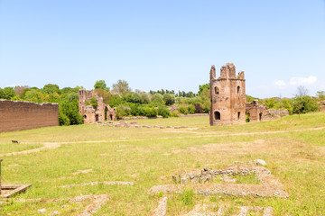 Rome, Italy. The ruins of the racecourse in Villa Maxentius, 306 - 312 years.