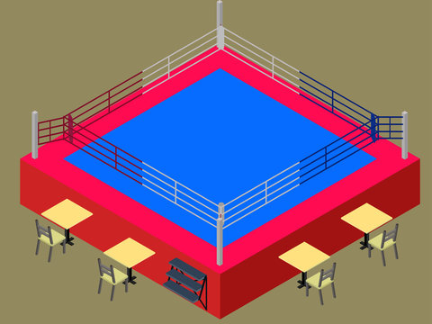 Isometric boxing ring, with tables for judges isolated