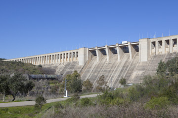 Gabriel y Galan reservoir, Caceres, Spain. Gredos snowy mountains at bottom
