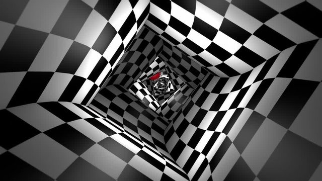 Red ball in a square chess tunnel (chess metaphor). The space and time. Cyclical 3D animation. Available in high-resolution and several sizes to fit the needs of your project. Seamless Looping