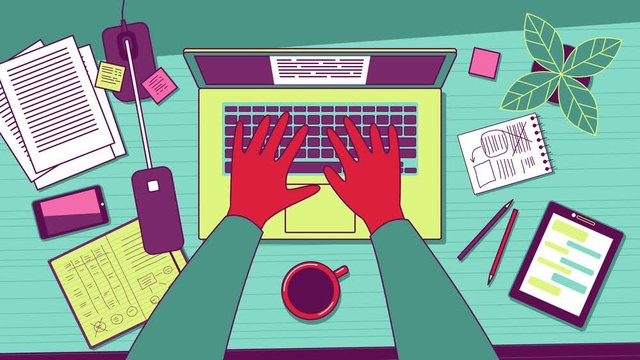 Workplace overhead view. Man typing on laptop. Looped 2D animation.