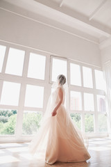 portrait of beautiful bride indoor. Fashion bride girl in gorgeous wedding dress in studio