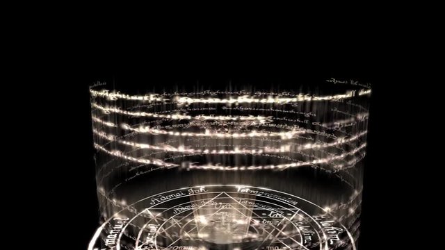 rotating incantation & rune around witchcraft pentagram baphomet,dazzling energy rays light.