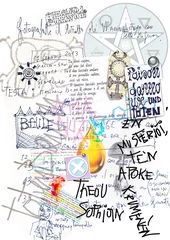 Selbstklebende Fototapeten Altes Manuskript mit Zeichnungen, Skizzen, Collagen und alchemistischen Schriften © Rosario Rizzo
