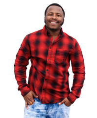 smiling young african man standing by white background