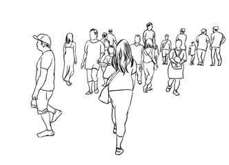group of people walking marker sketch isolated
