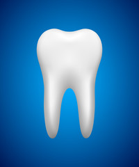 White tooth on blue background, stomatology icon, realistic vector illustration