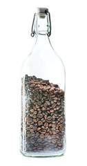Bottle with coffee beans isolated on white background